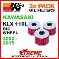 3 PACK K&N MX OIL FILTERS KAWASAKI KLX110L KLX 110L BIG WHEEL 2002-2015 KN 112