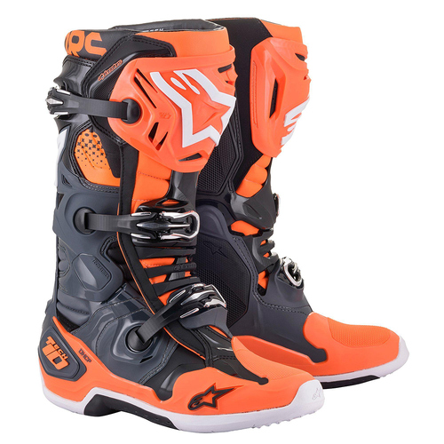 Alpinestars Tech 10 Adult Boots MX Cool Grey/Orange Fluo Size 8