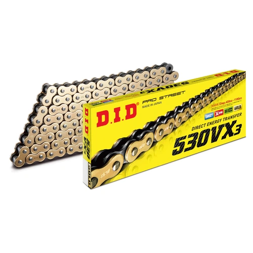 DID Pro-Street 530 VX3 Motorcycle X-Ring Chain Gold/Black 126 Links Rivet Link