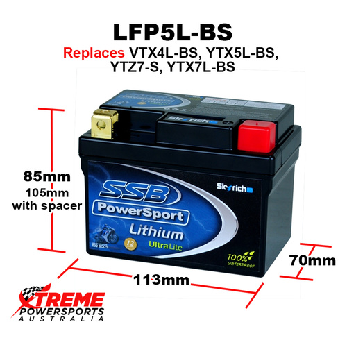 SSB 12V 140CCA LFP5L-BS Aprilia 50 Scrabero 2004-2011 Lithium Battery YTX4L-BS