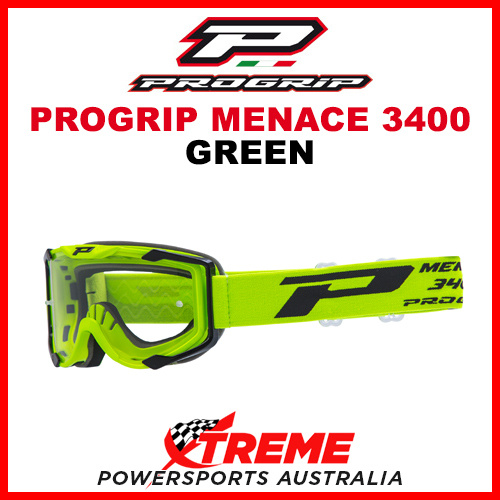 Adult ProGrip Menace 3400 Motocross Goggles Green Clear No Fog Lens 3400G
