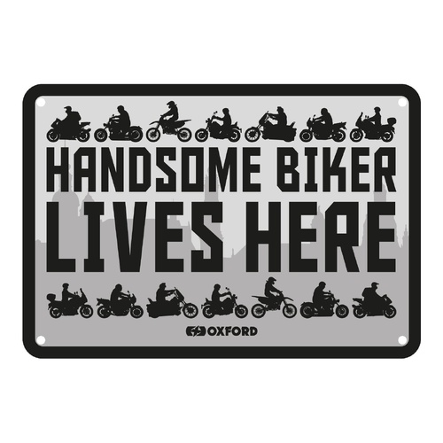 Oxford Garage Metal Sign: "Handsome Biker Lives Here"