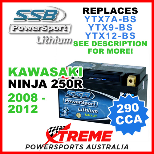 SSB 12V 290 CCA Kawasaki Ninja 250R 2008-2012 LFP14H-BS Lithium Battery