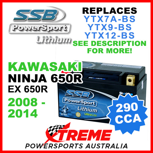 SSB 12V 290 CCA Kawasaki Ninja 650R EX650R 2008-2014 LFP14H-BS Lithium Battery