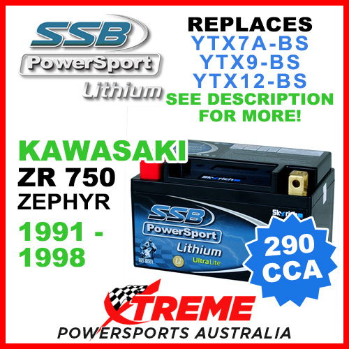SSB 12V 290 CCA Kawasaki ZR750 ZR 750 Zephyr 1991-1998 LFP14H-BS Lithium Battery