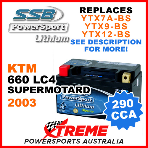SSB 12V 290 CCA KTM 660 LC4 Supermotard 2003 LFP14H-BS Lithium Battery