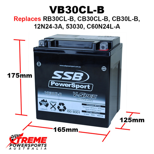 SSB 12V 460CCA 30AH VB30CL-B Polaris 900 Ranger 4x4 Diesel 2011-2014 V-Spec AGM Battery RB30CL-B