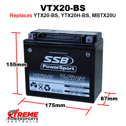 SSB 12V 400CCA 18AH VTX20-B Arctic Cat 450I TRX EFI 2012 AGM Battery YTX20-BS