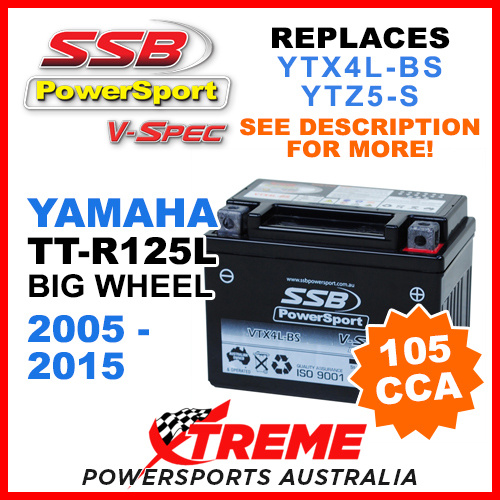 SSB Yamaha TT-R125L TT-R 125L Big Wheel 2005-2015 12V 105CCA V-Spec Battery VTX4L-BS