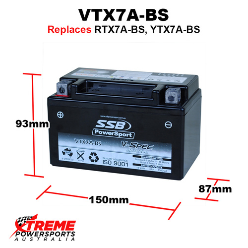 SSB 12V 150CCA 6AH VTX7A-BS Kawasaki KFX90 2007-2017 V-Spec AGM Battery YTX7A-BS
